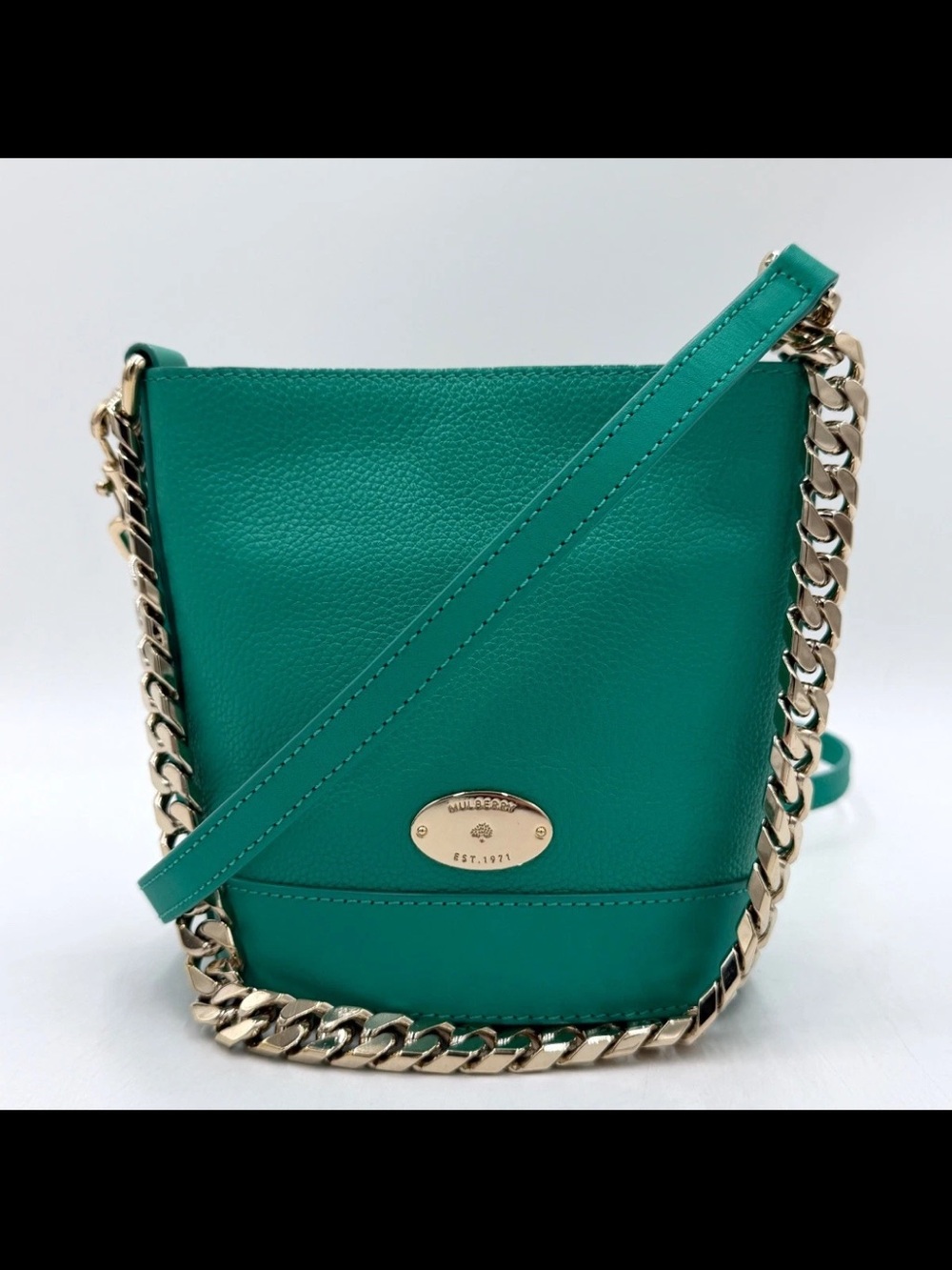 Mulberry Turquoise Leather Crossbody with Gold Chain Trim